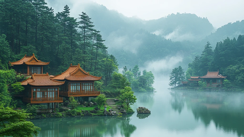 山林间的传统木屋建筑群