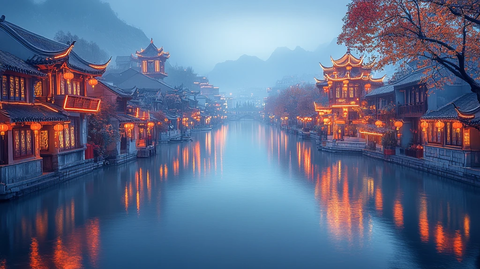 灯火通明的江南水乡夜景