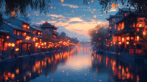 灯火通明的江南水乡夜景