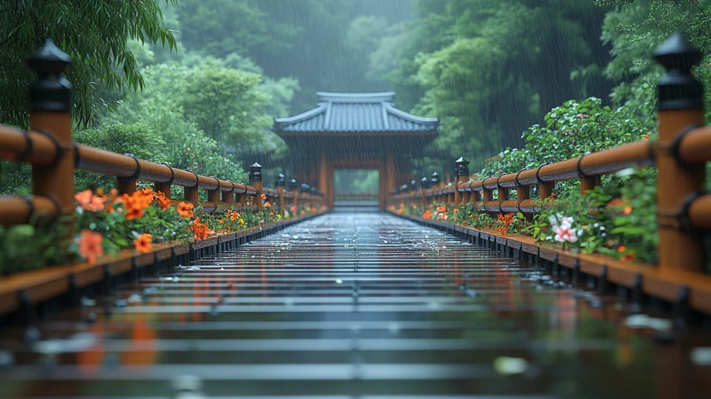 竹林中的石板小径通向古朴木屋