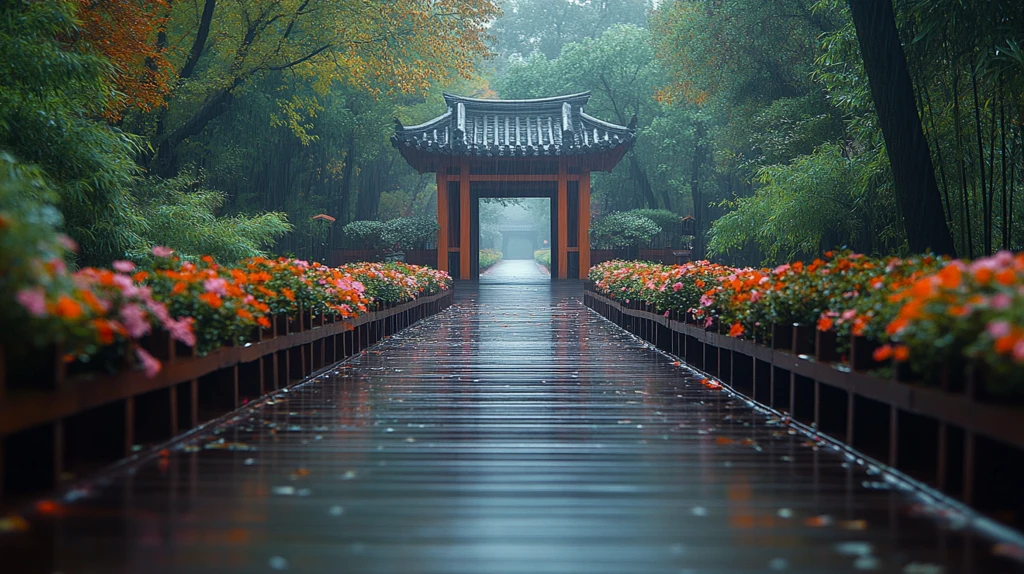 竹林中的石板小径通向古朴木屋