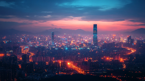 城市夜景灯火辉煌的十字路口交通景象