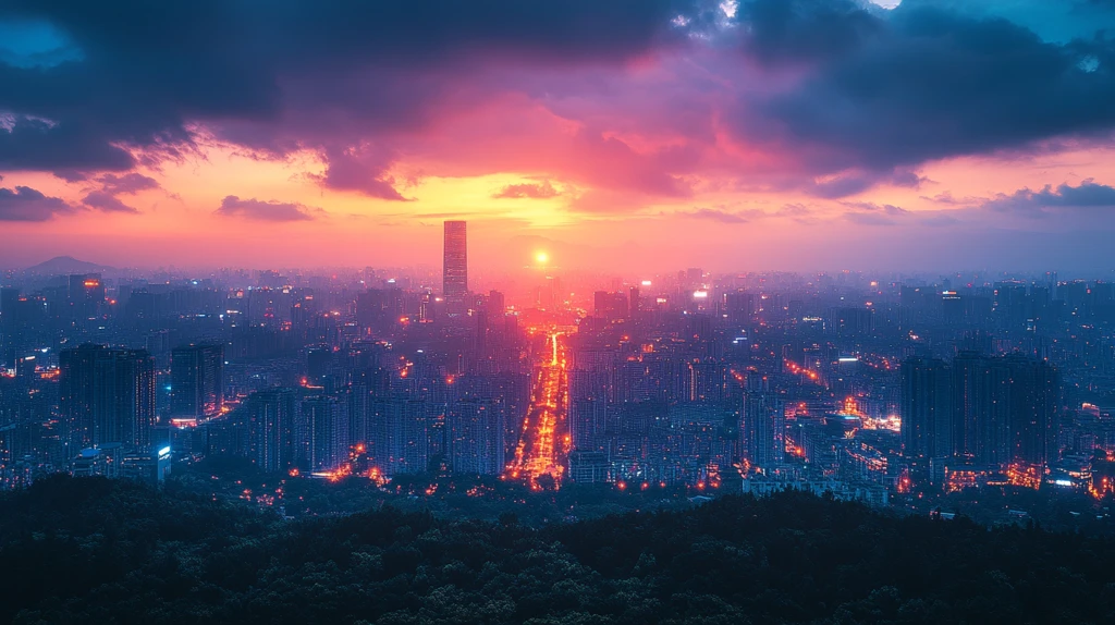 城市夜景灯火辉煌的十字路口交通景象