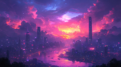 夜色下古建临水而立的城市夜景