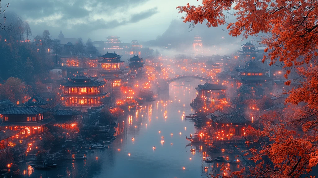 撑伞人走在古色古香的中式建筑街道上