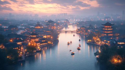 撑伞人走在古色古香的中式建筑街道上