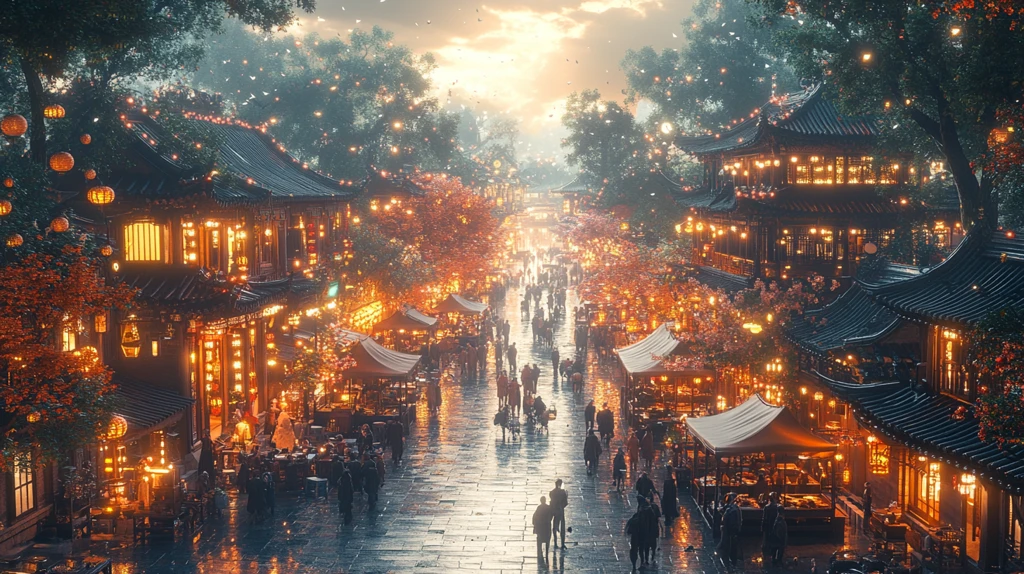 挂满彩灯灯笼的热闹街道夜景