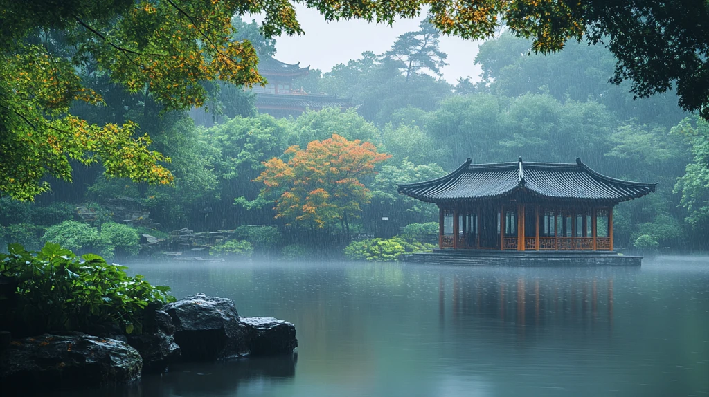 雨中江南园林景观中式亭子水景