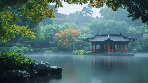 雨中江南园林景观中式亭子水景
