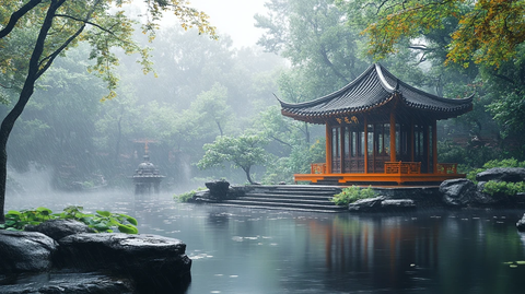 雨中江南园林景观中式亭子水景