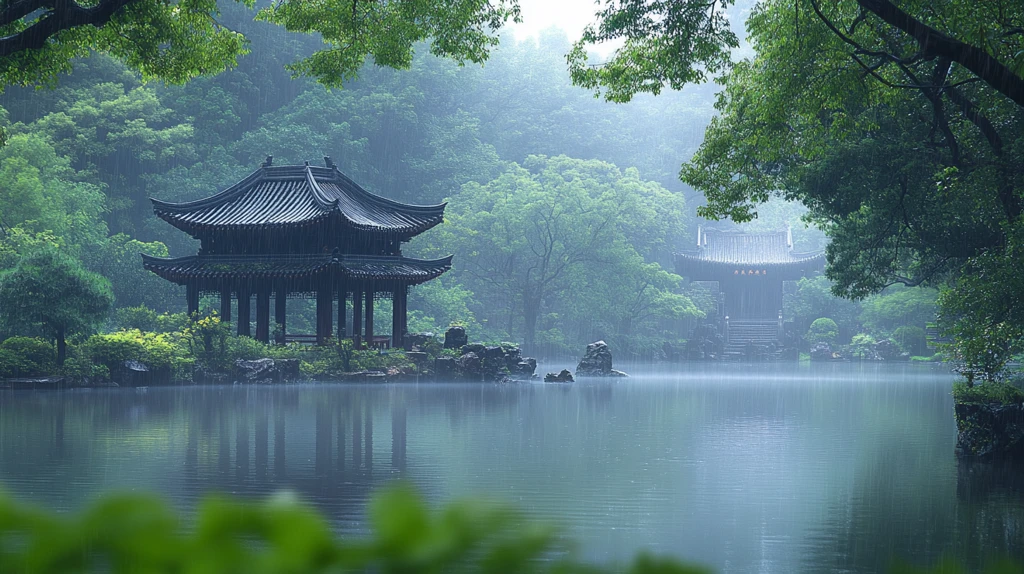 雨中江南园林景观中式亭子水景
