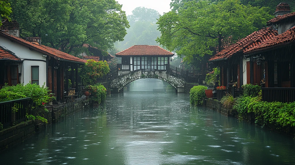 江南水乡有桥有屋的宁静河道景致