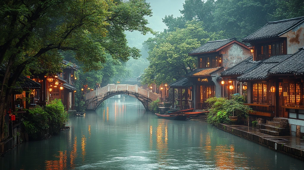 江南水乡有桥有屋的宁静河道景致