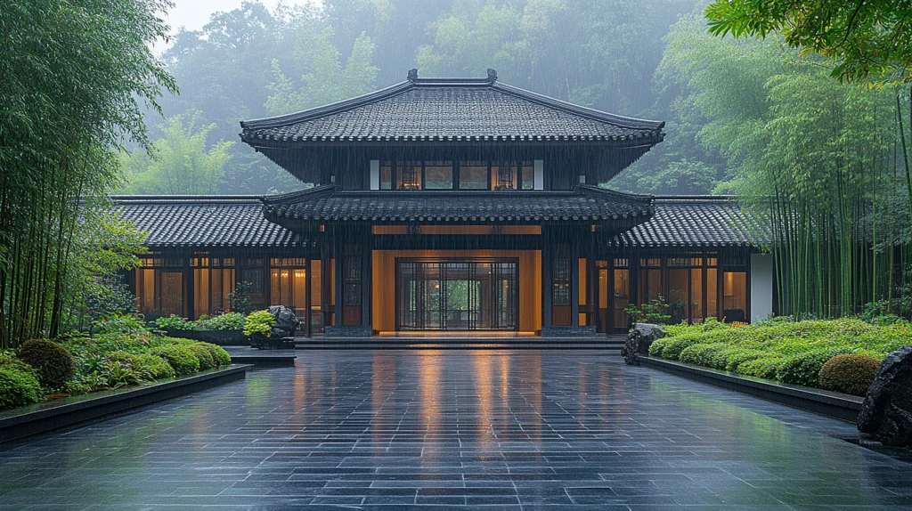 竹林中传统中式建筑的幽静之景