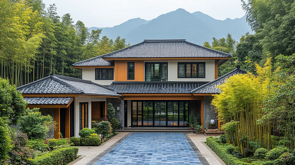 竹林中传统中式建筑的幽静之景