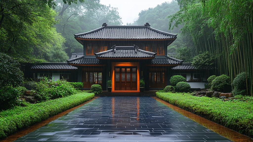竹林中传统中式建筑的幽静之景