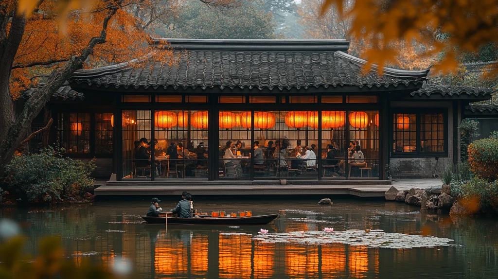 水边古建餐厅内坐满用餐的顾客