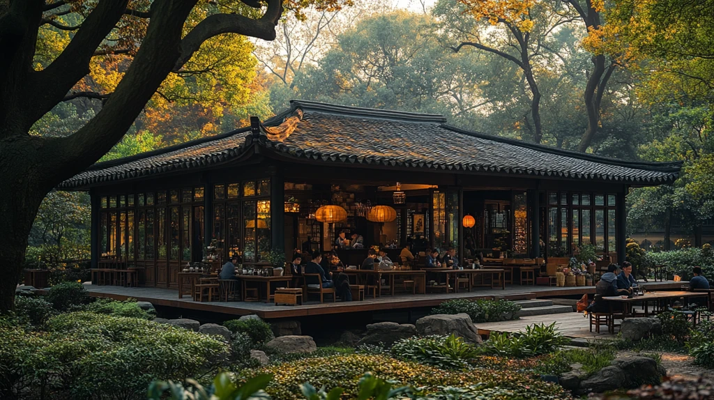 中式茶舍外人们悠闲喝茶的场景