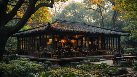 中式茶舍外人们悠闲喝茶的场景