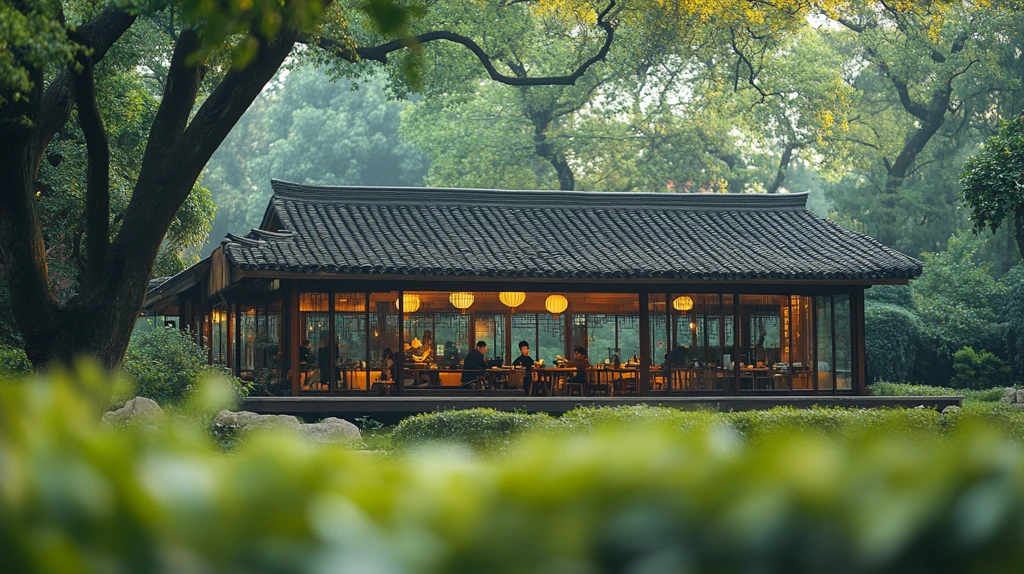 中式茶舍外人们悠闲喝茶的场景