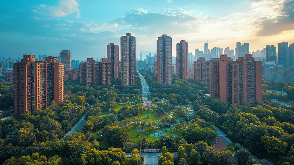 城市高楼间绿地公园的俯瞰景象