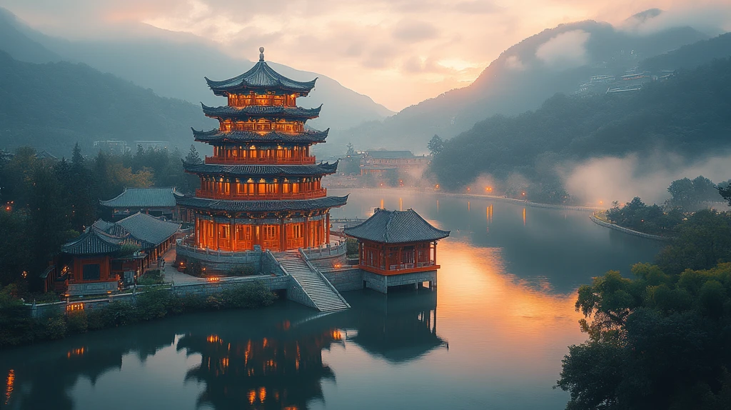 雨夜中的中式古建筑灯火通明