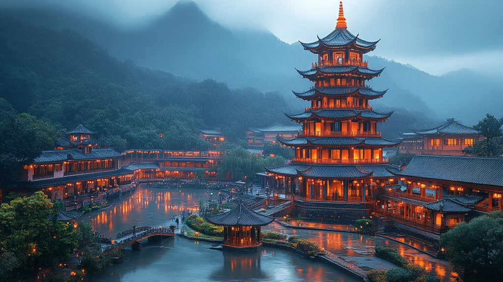 雨夜中的中式古建筑灯火通明