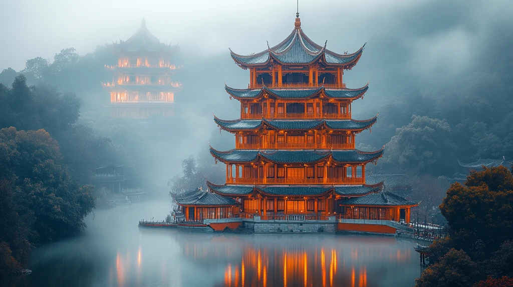 雨夜中的中式古建筑灯火通明