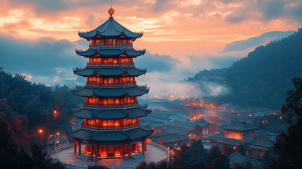 雨夜中的中式古建筑灯火通明