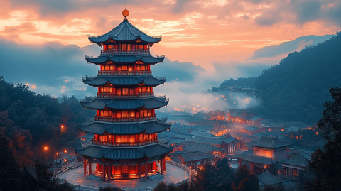 雨夜中的中式古建筑灯火通明