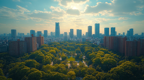 城市中绿树环绕的古建筑鸟瞰全景
