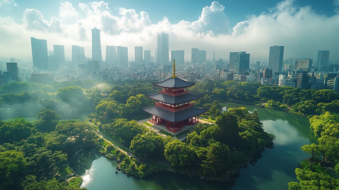 城市中绿树环绕的古建筑鸟瞰全景