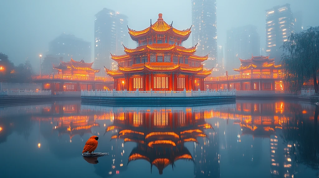 夜色中灯火辉煌的中式古亭