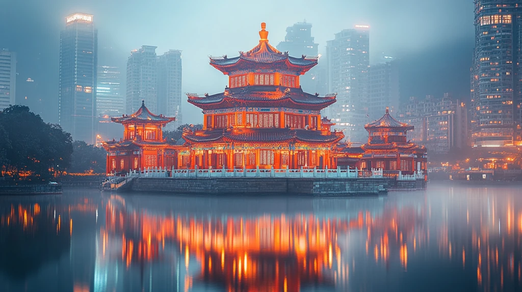 夜色中灯火辉煌的中式古亭