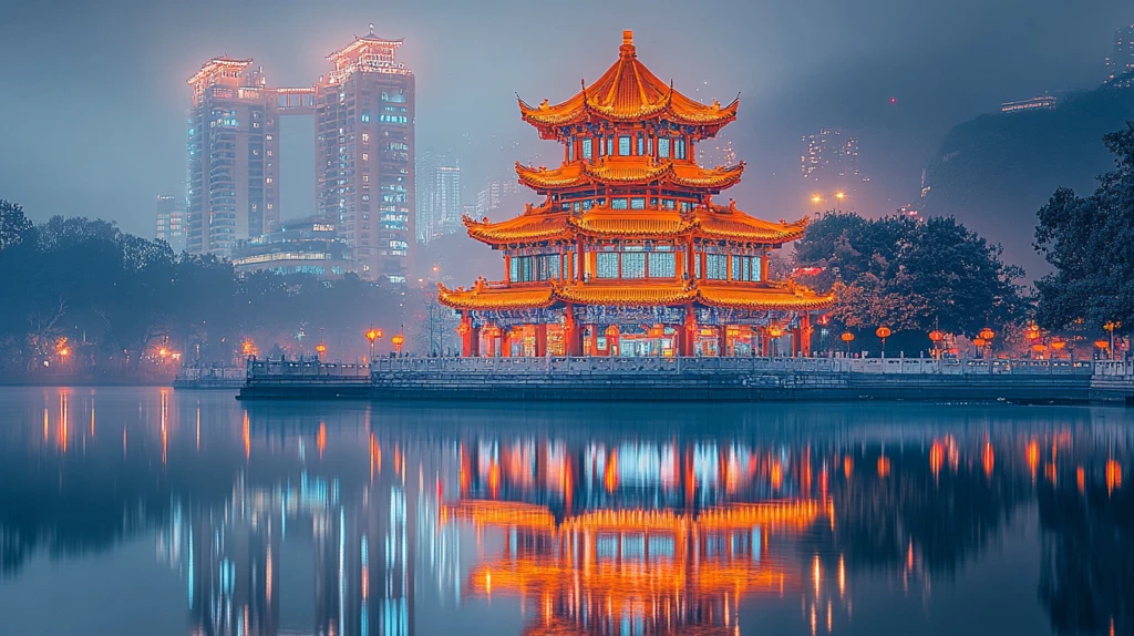 夜色中灯火辉煌的中式古亭