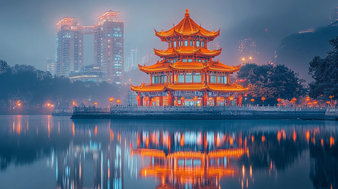 夜色中灯火辉煌的中式古亭