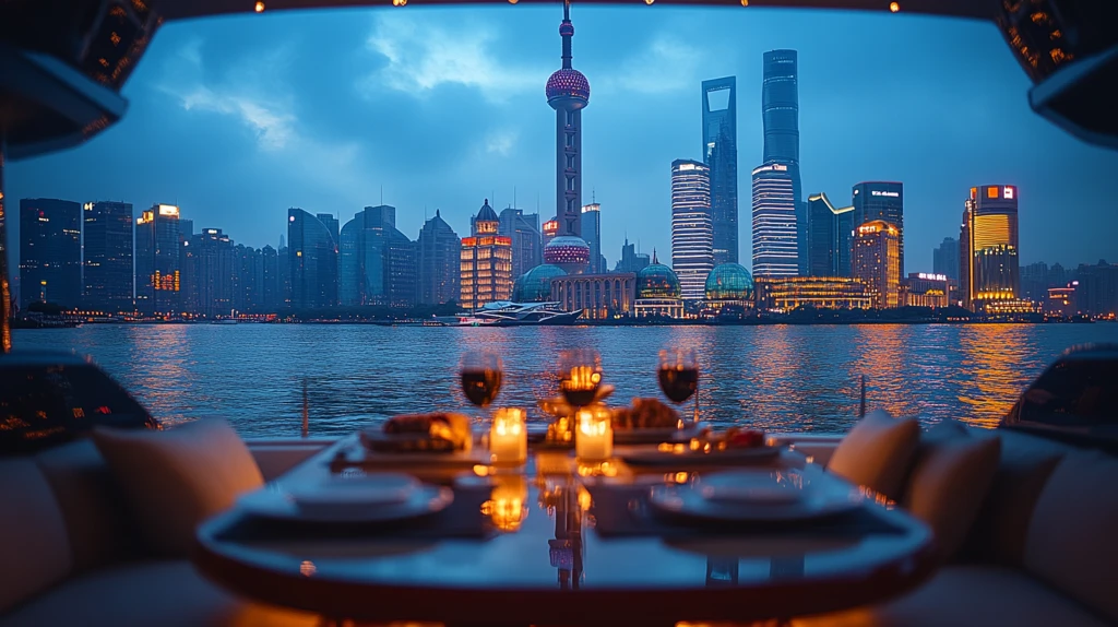 黄浦江上豪华游轮中的精致晚餐