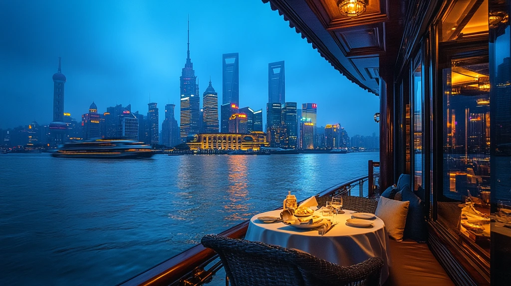 黄浦江上豪华游轮中的精致晚餐