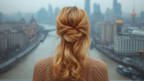 金发女子临江而立眺望城市风景