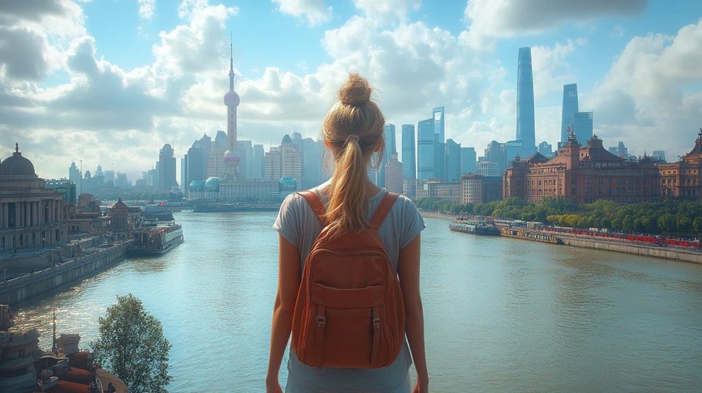 金发女子临江而立眺望城市风景