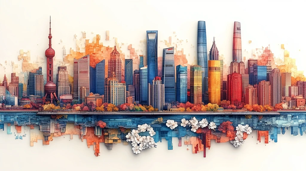 多彩建筑与市花构成的城市风光图