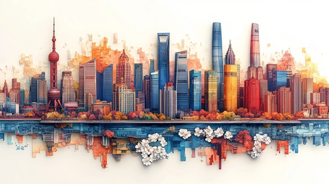 多彩建筑与市花构成的城市风光图