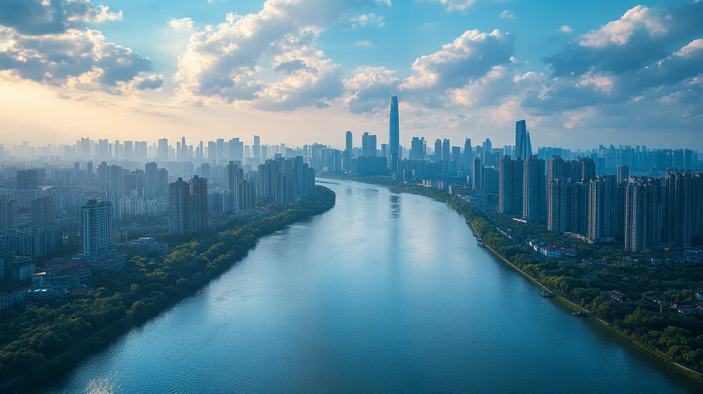 城市河流边的高楼大厦鸟瞰全景