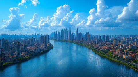 城市河流边的高楼大厦鸟瞰全景