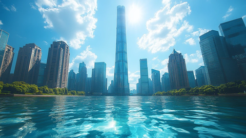 现代建筑倒映水中的城市风光