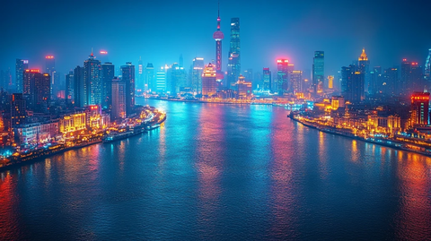 雨夜中灯火辉煌的城市街道景象