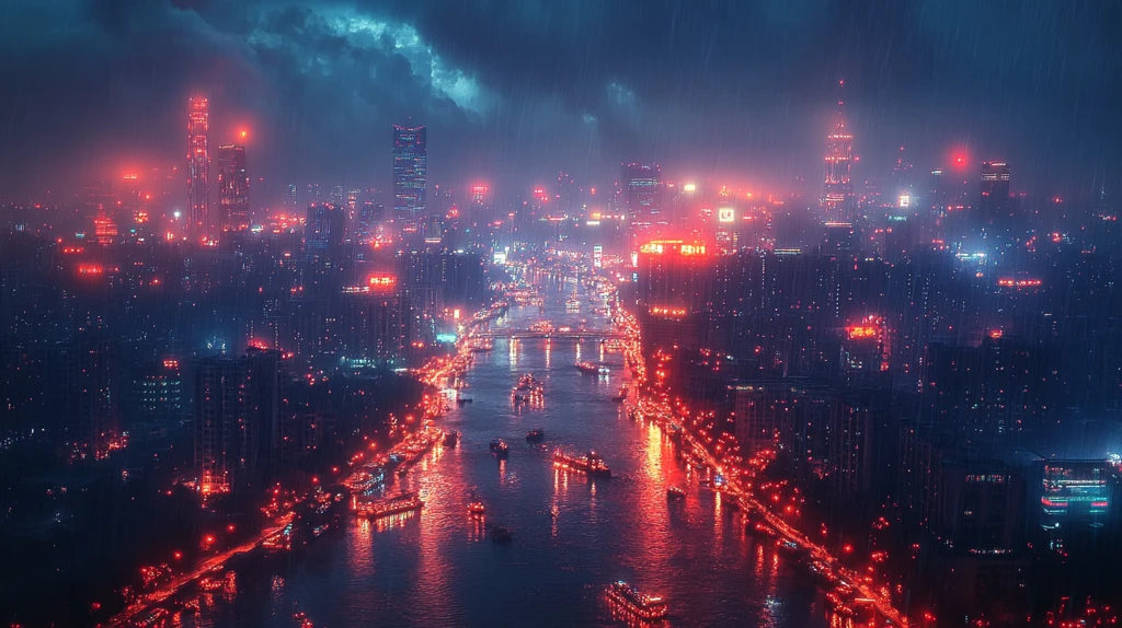 俯瞰城市夜景灯火辉煌的城市天际线