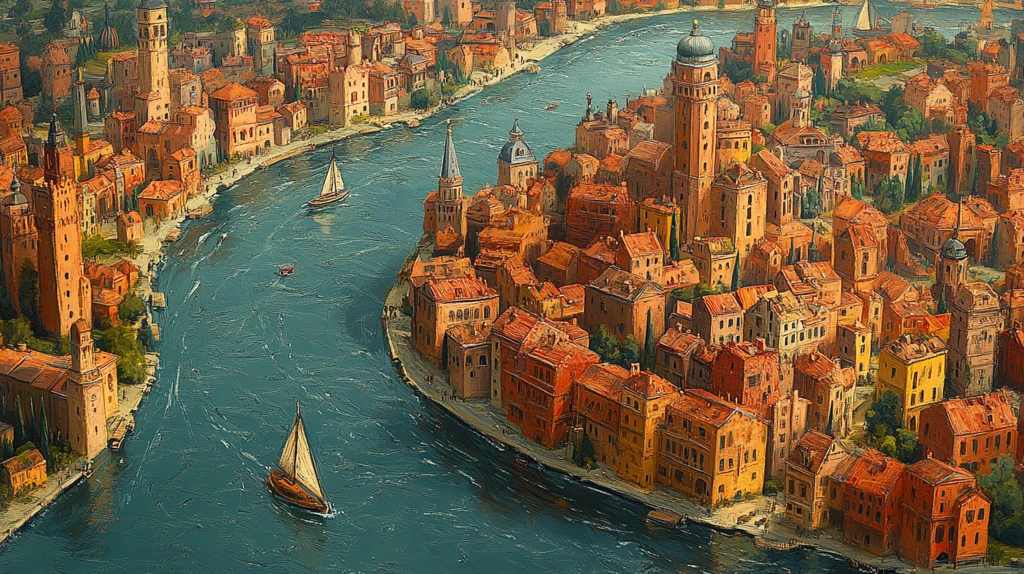 城市河流两岸建筑密集的俯瞰全景