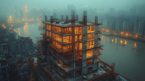 城市中在建高楼鸟瞰全景