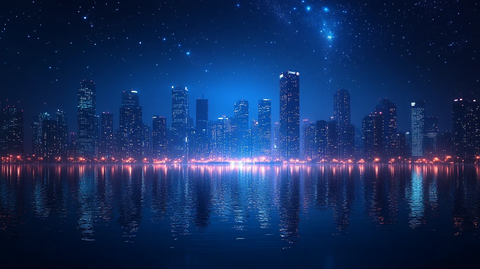 夜色下的城市河流与高楼大厦景观